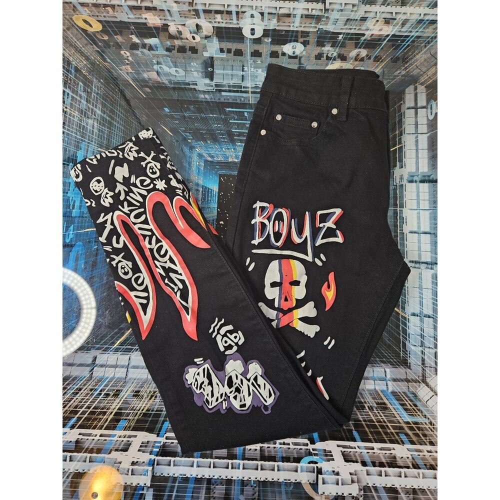 High Street Jeans‎ Men's 30x28 Black Graffiti Print Ripped Flat Front Straight